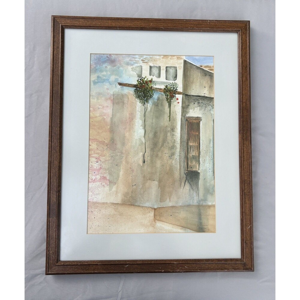 Original Signed Watercolor Courtyard Scene – Mediterranean Style – Framed 16x20